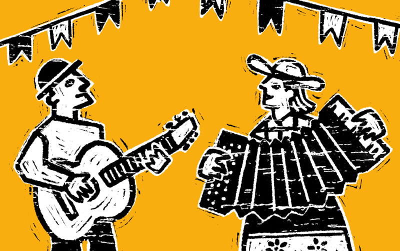 Woodcut ilustration of a guitar player and an accordion player