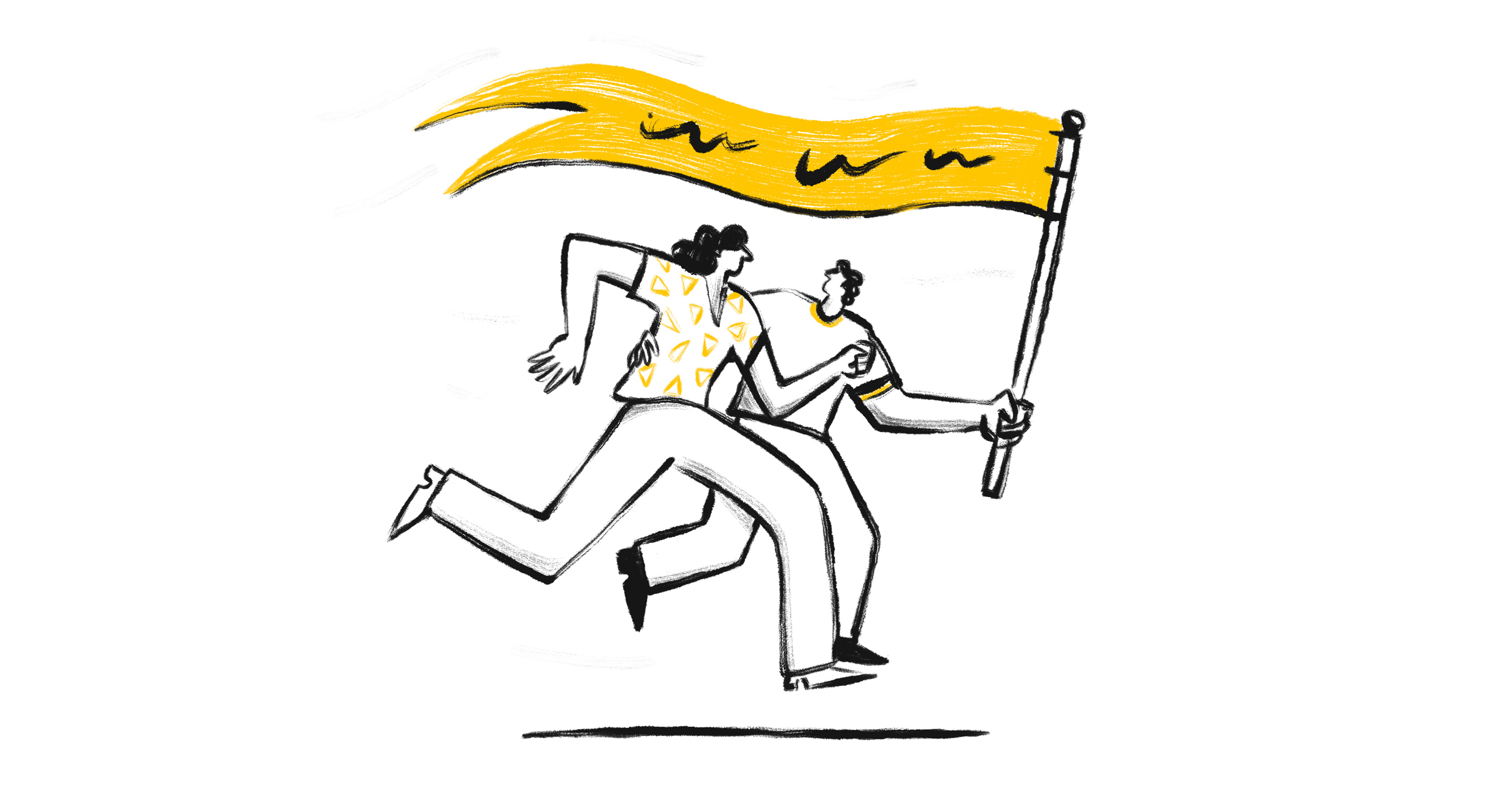 conceptual illustration of a couple running and holding a flag