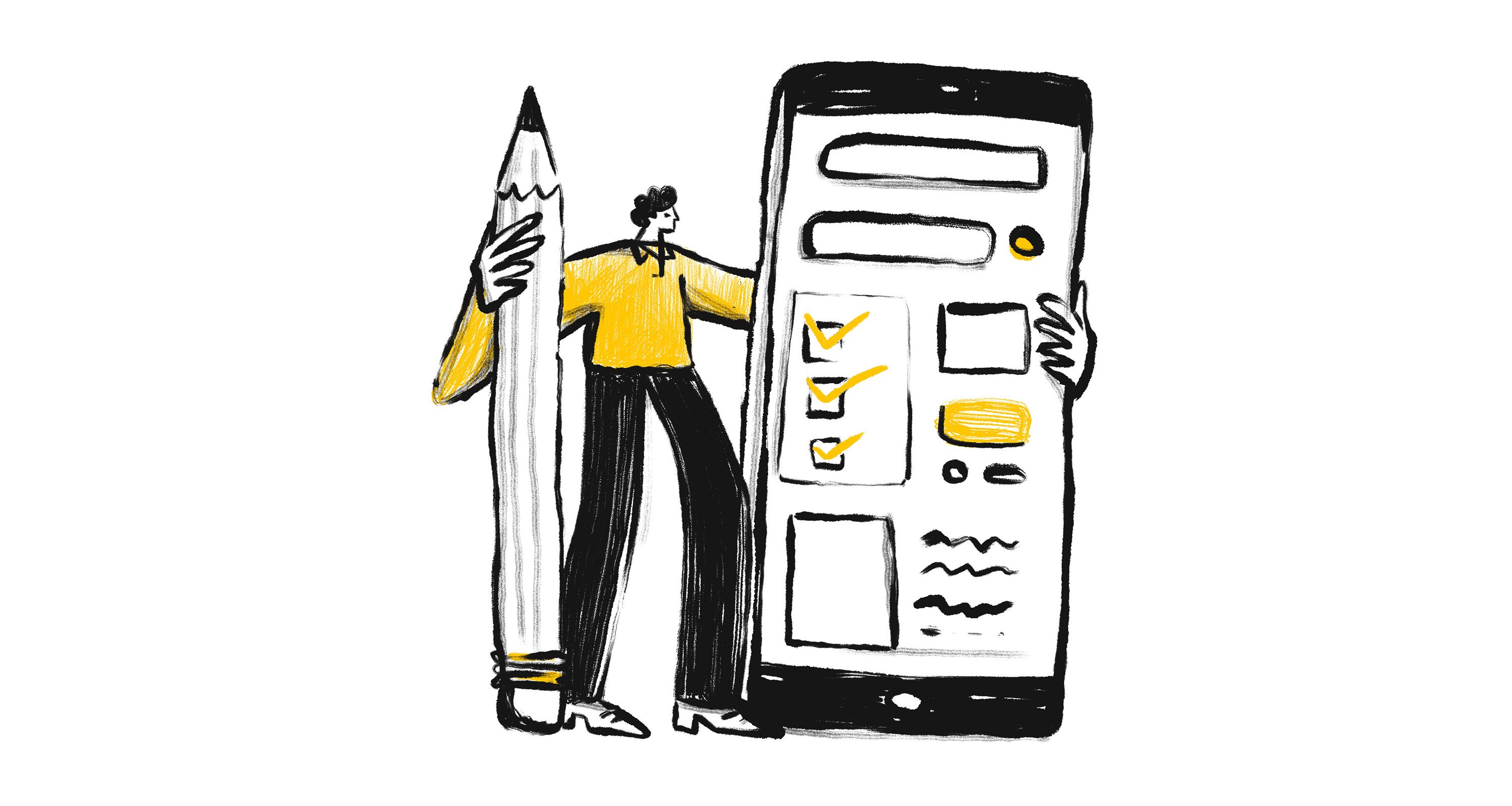 conceptual illustration of a man holding a giant pencil on the right hand and a giant celphone on the left. Depict the idea of creating apps