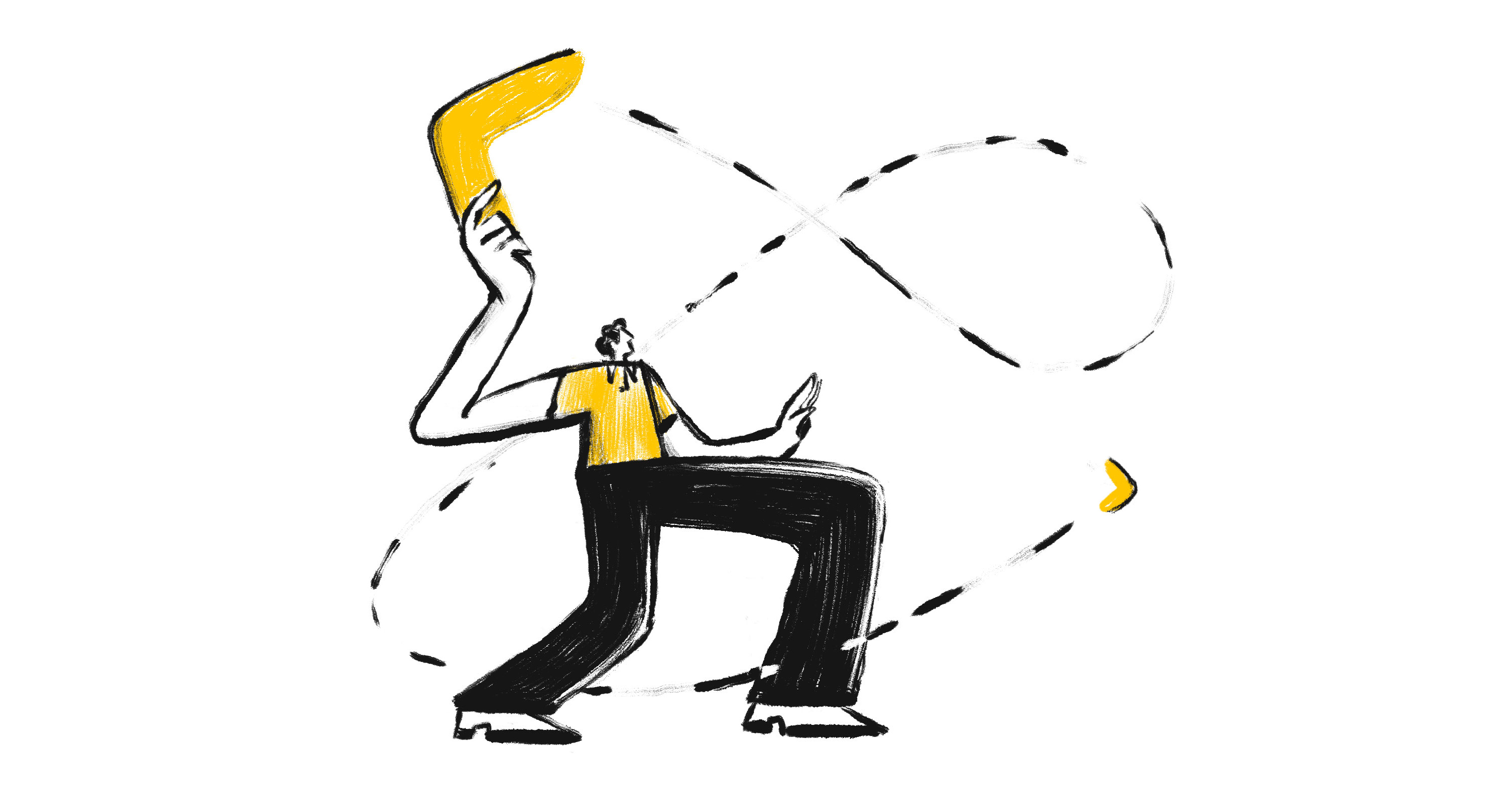 conceptual illustration of a man trowing a boomerang. to depict the idea of continuous development