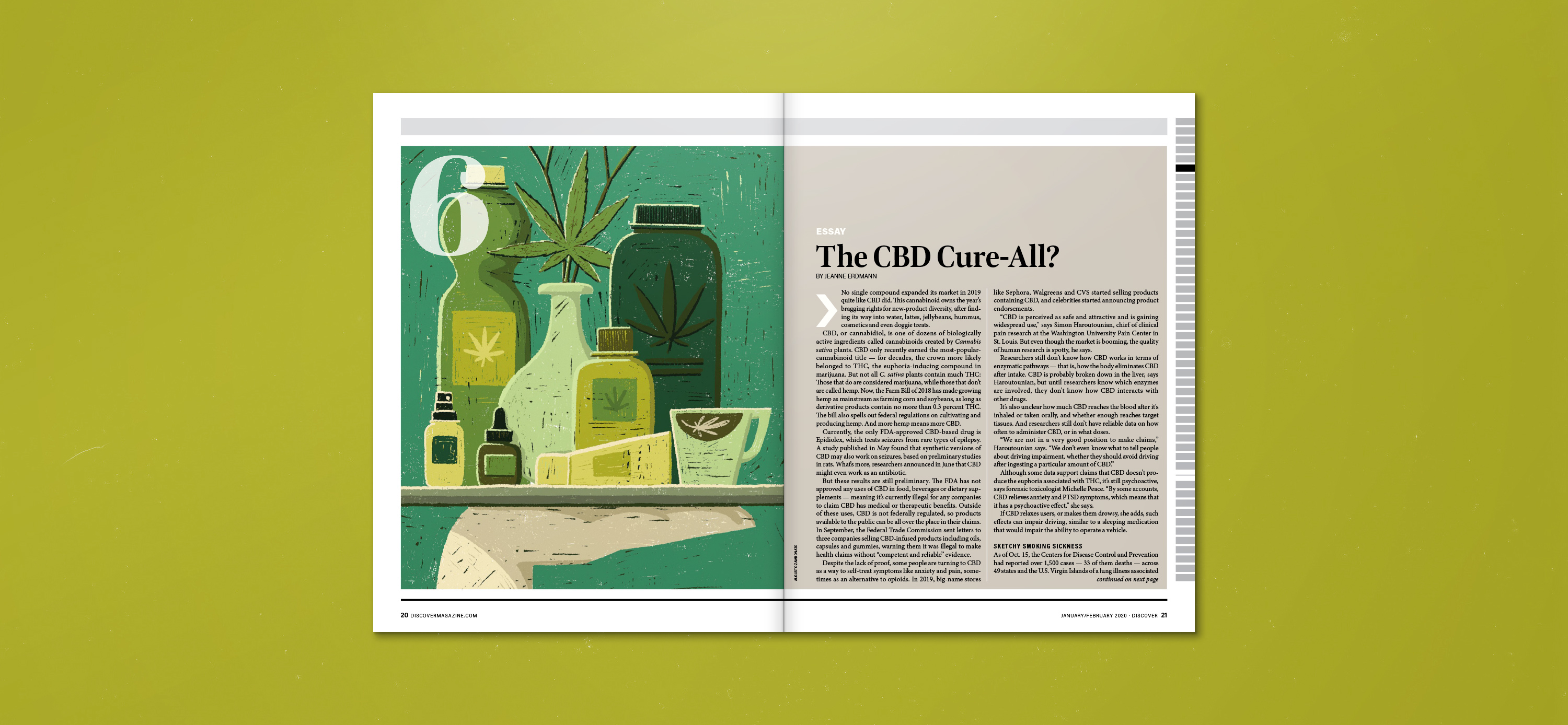 magazine page with an illustration of a hand holding a plate with several canabidiol oil based products