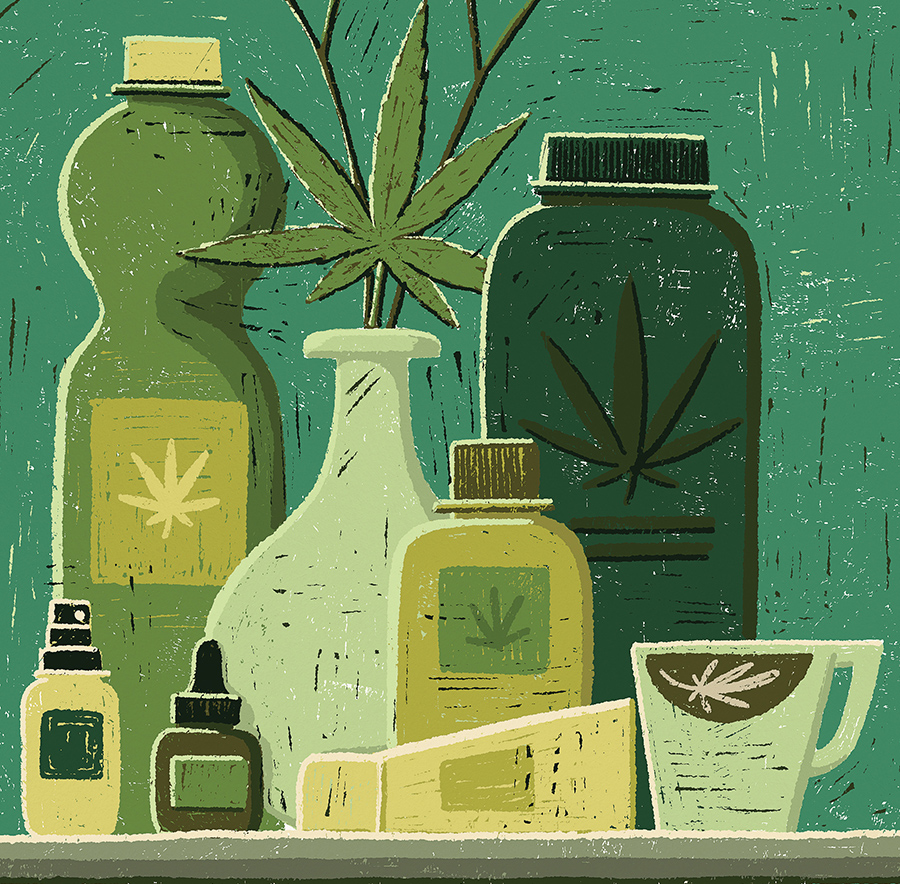 illustration of a hand golding a plate with several bottles of CBD-based products