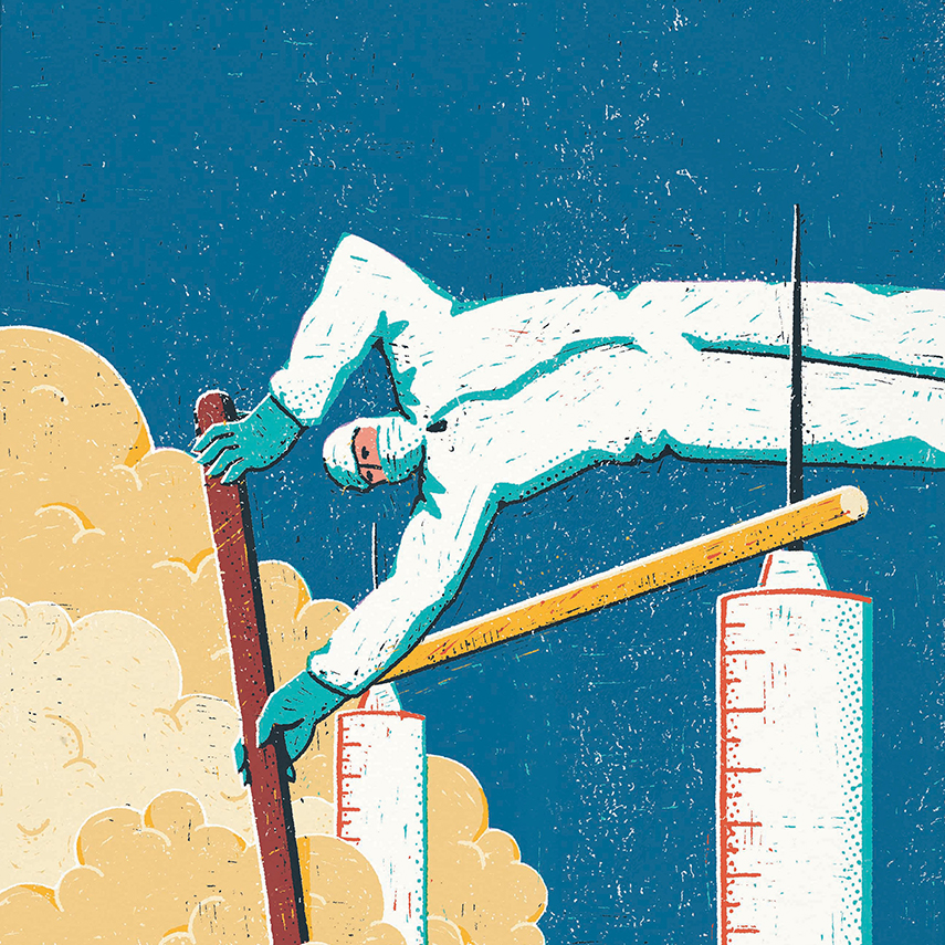 llustration of a pharmaceutical scientist jumping a pole vault made out of syringe