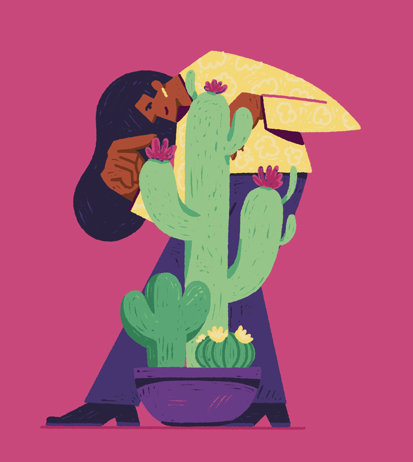 Illustration of a woman and her beloved cactus.